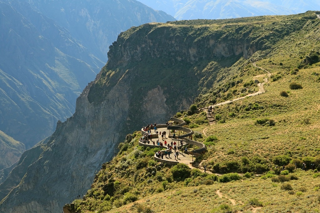 A view of the Colca Canyon viewing balcony where tourists do bird watching