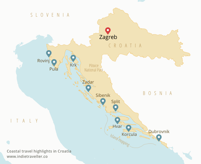 Map of key travel destinations in Croatia