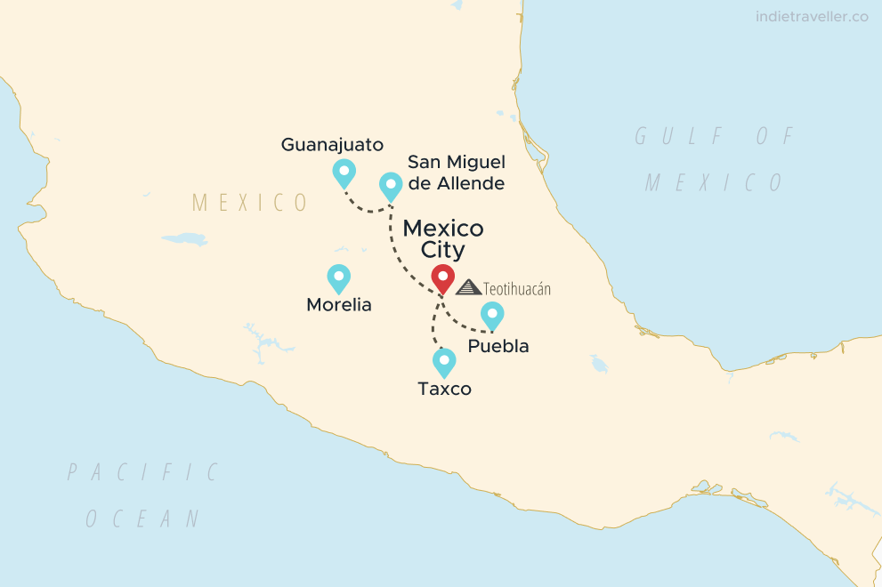 A map of Mexico for an itinerary to colonial cities