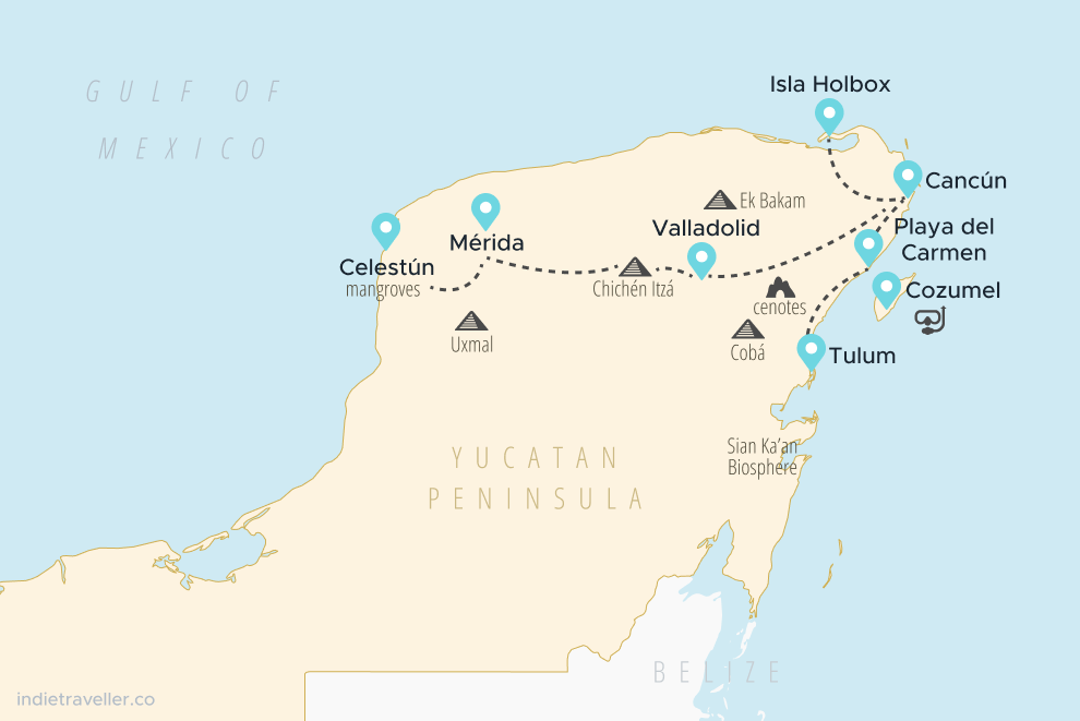 A map of Mexico for an itinerary to the Yucatan