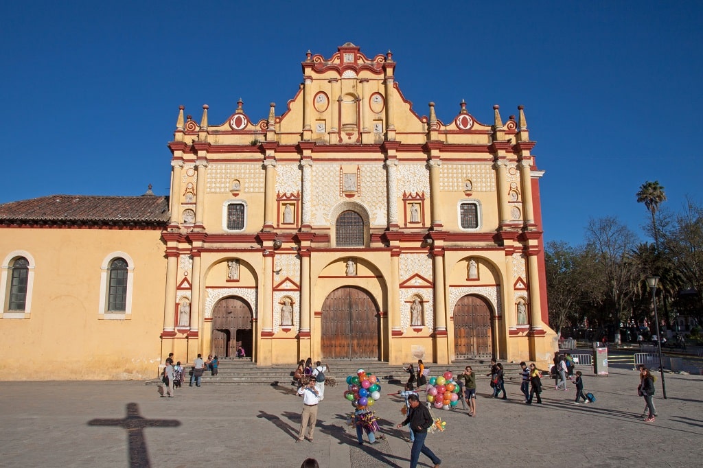 The facade and plaza of San Cristobal Cathedral in Chiapas, Mexico