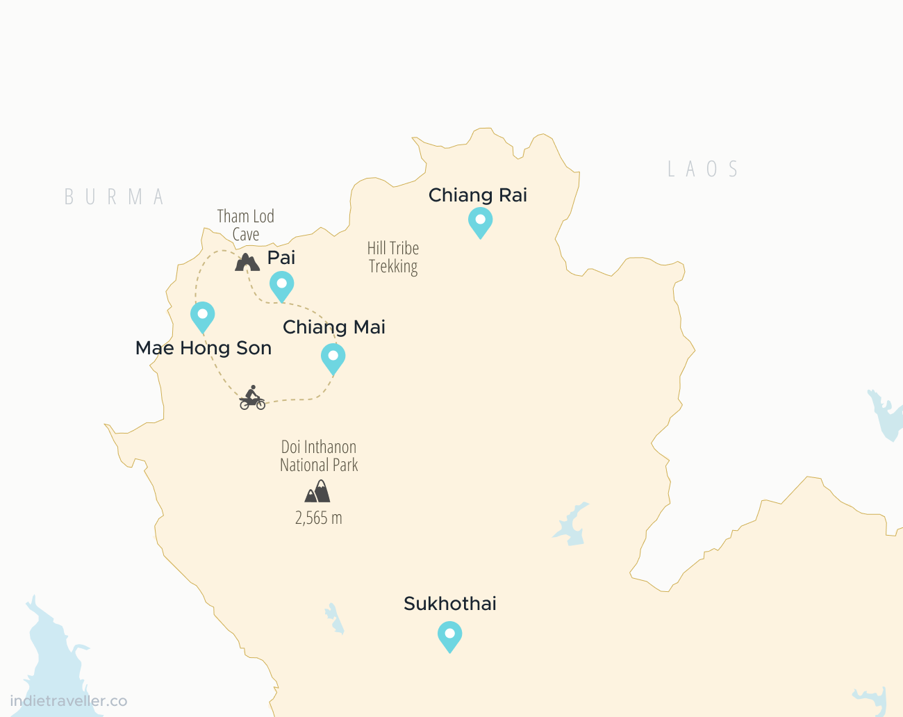 Map showing the top travel destinations in Northern Thailand