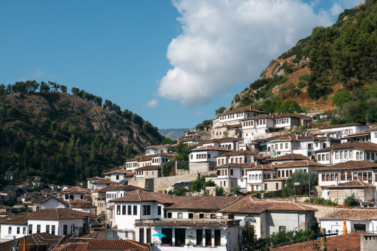 Berat’s white Ottoman houses with terracotta roofs stacked on a hillside