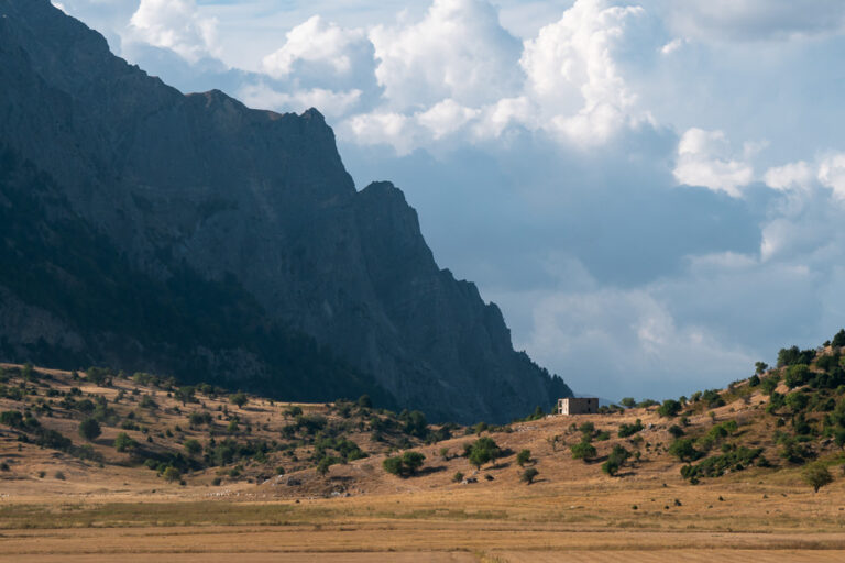 A vast, arid valley with scattered shrubs beneath a mountain in Gjirokaster