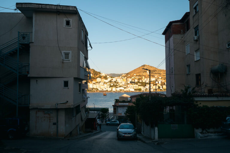 Downhill street view toward Sarande’s waterfront