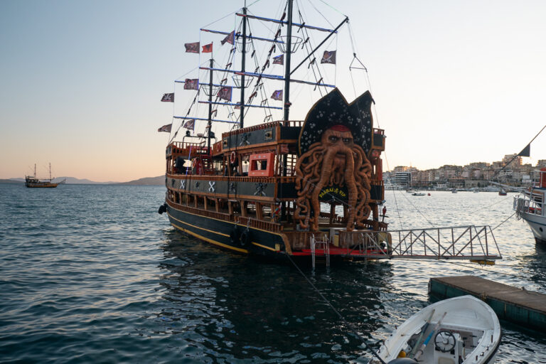Pirate ship docked in Sarande with a Davy Jones figurehead