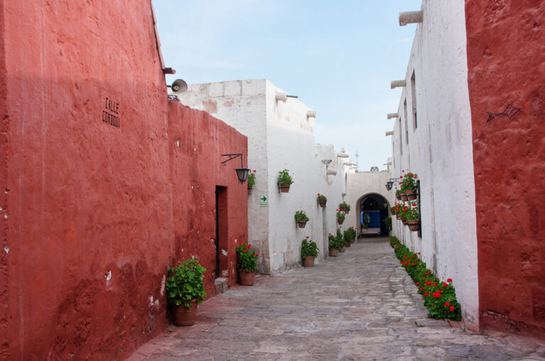 Red and white sillar walls line a narrow street decorated with plants in Santa Catalina Monastery