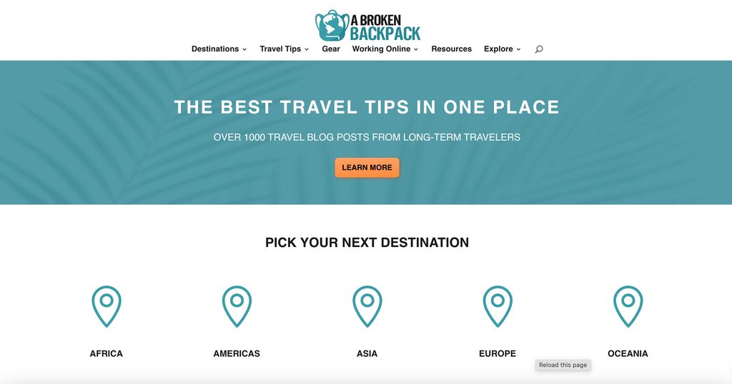 The homepage of abrokenbackpack.com