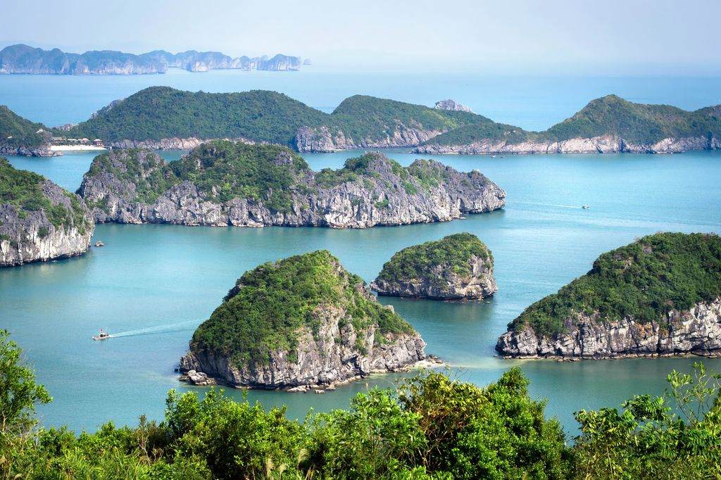 Halong Bay in Vietnam with blue waters and islands