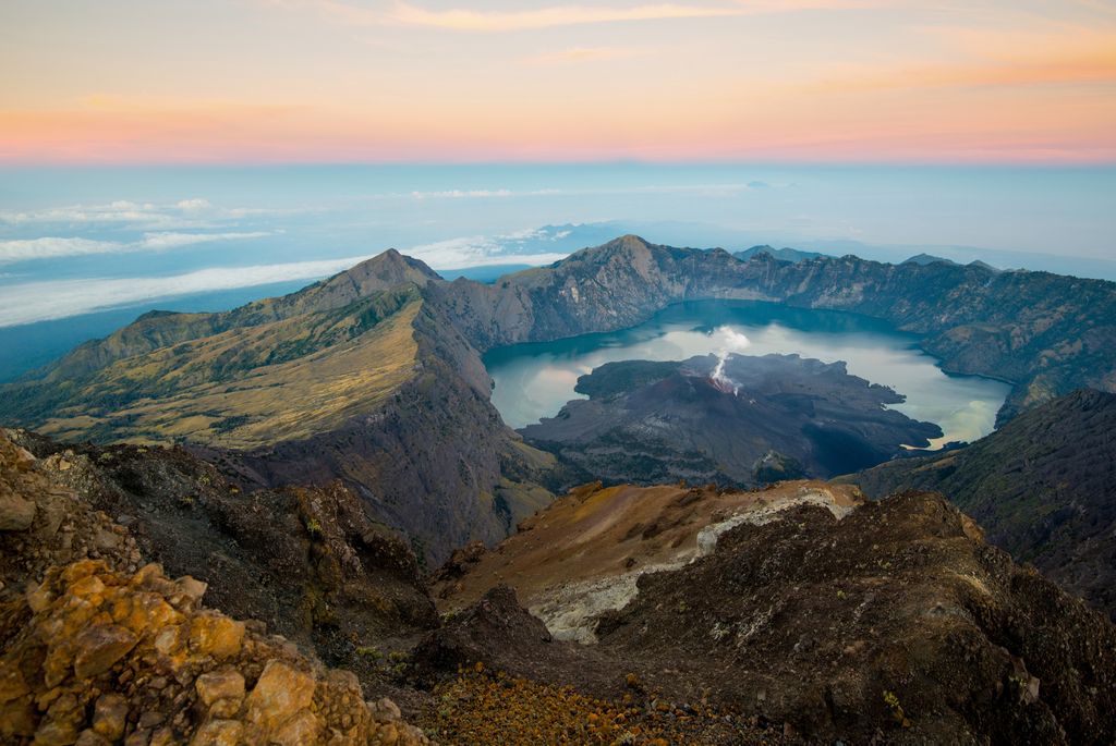 The crater of Mount Rinjani in Lombok, Indonesia at sunrise