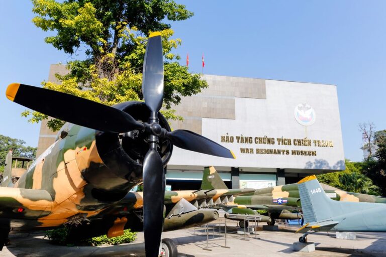 The outside of the War Remnants Museum in Ho Chi Minh City, Vietnam with an aircraft in the front