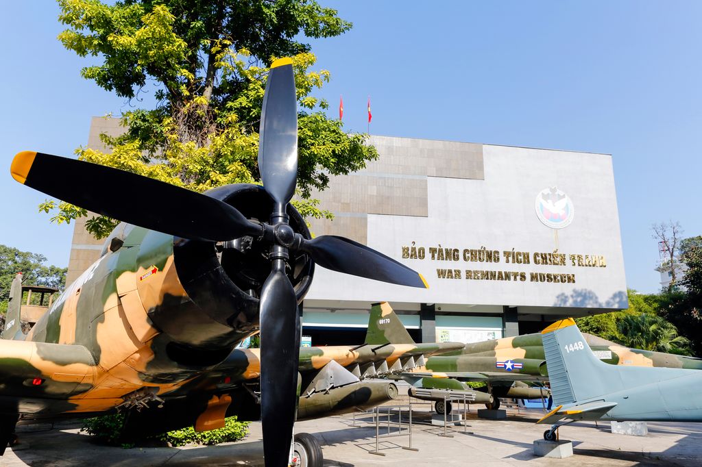 The outside of the War Remnants Museum in Ho Chi Minh City, Vietnam with an aircrafts in the front