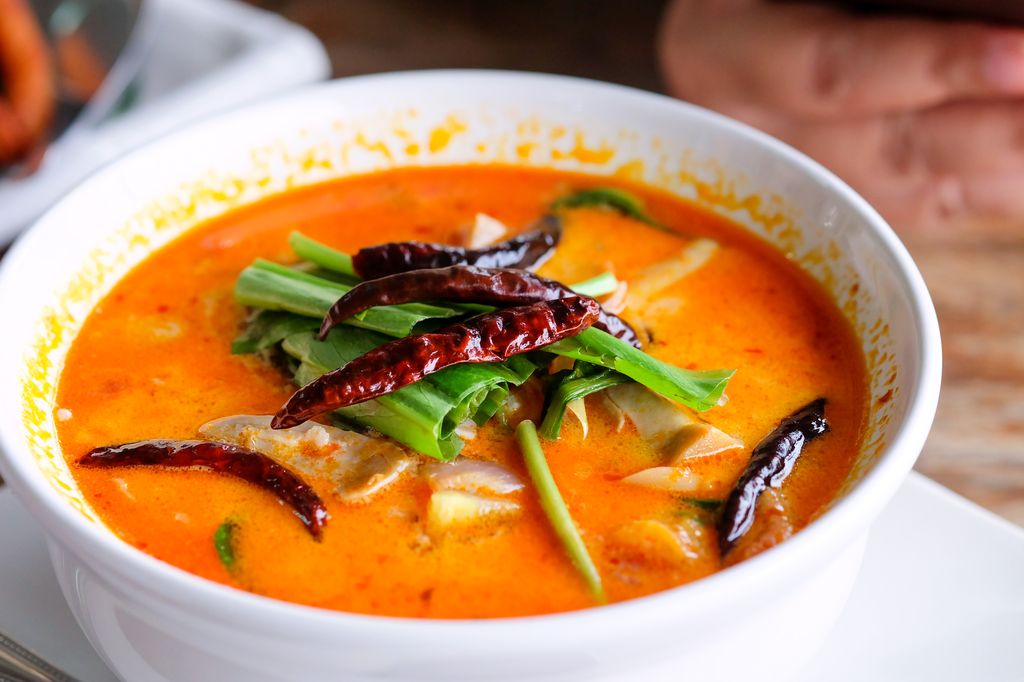 A bowl of tom yum soup in Bangkok, Thailand.