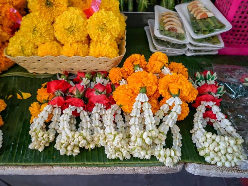Fresh flower garlands at a flower market in Bangkok, Thailand.