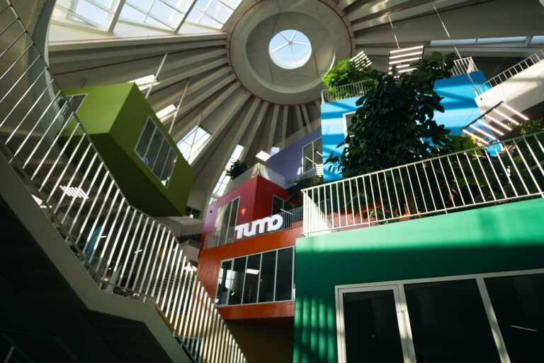 Interior of the Pyramid of Tirana with skylight blocks, and modern creative spaces