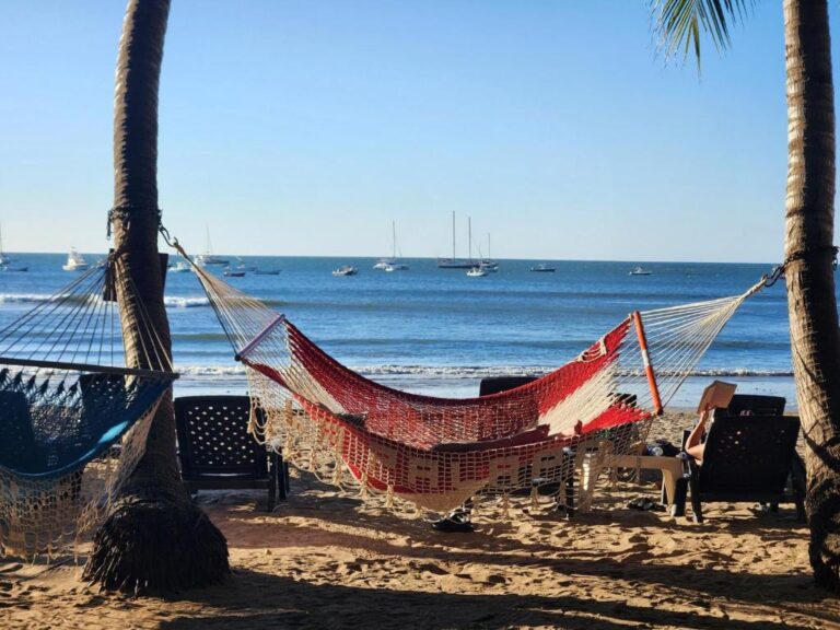 A hammock strung between two palm trees on beach in Hotel La Palapa