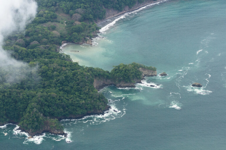 An aerial view of the rugged, forested Nicoya Coast