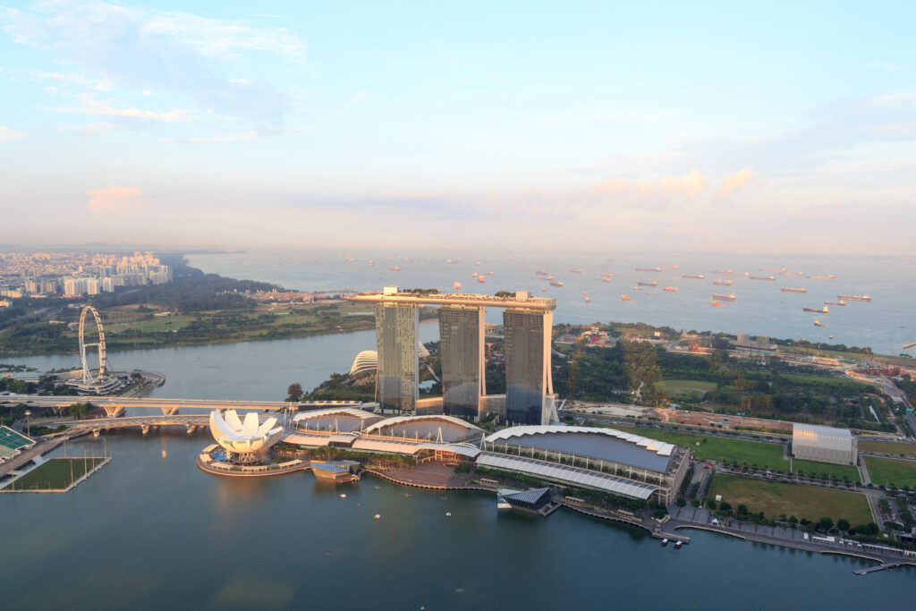 An aerial view of singapore's Marina Bay Sands hotel, ArtScience museum and Singapore Flyer 