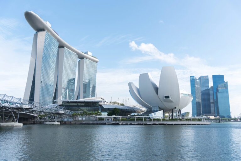 Marina Bay Sands hotel and the ArtScience Museum in Singapore, viewed across the bay