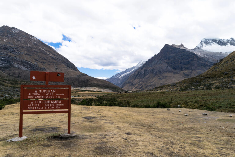 Board with some rules in Santa Cruz Trek, Huascaran National Park in the Andes of Peru