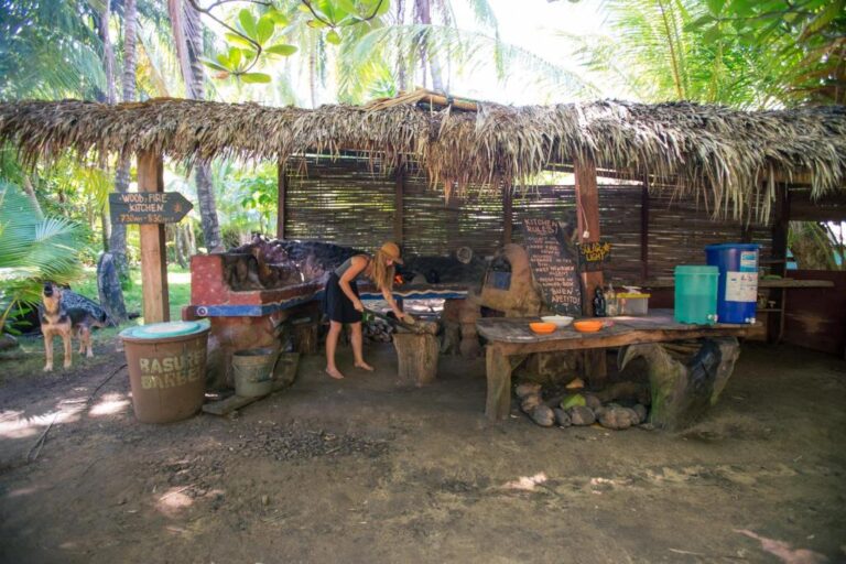 An outdoor wood-fire kitchen under a thatched roof with a woman preparing food