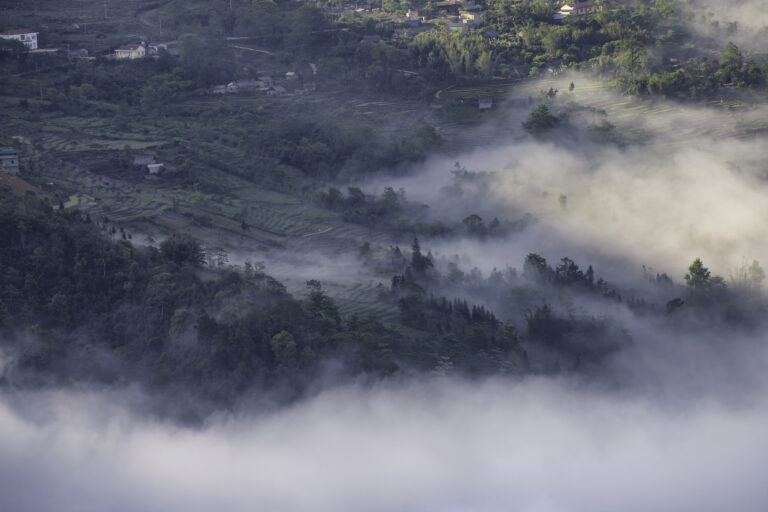 Thick clouds and morning mist roll through a lush, green valley in Y Ty, Lao Cai, Vietnam
