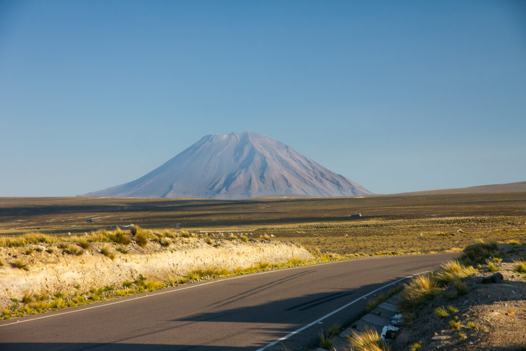 Paved road leading toward the Misti volcano in Arequipa